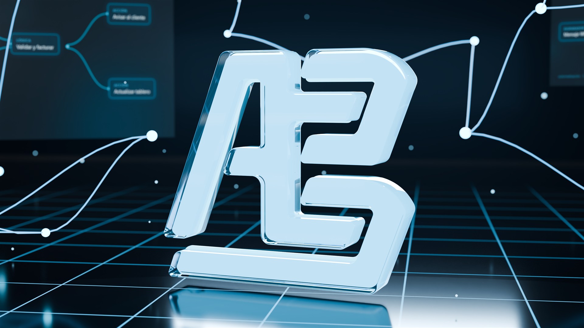 Logo de AB Dev en vidrio rodeado de una red de nodos