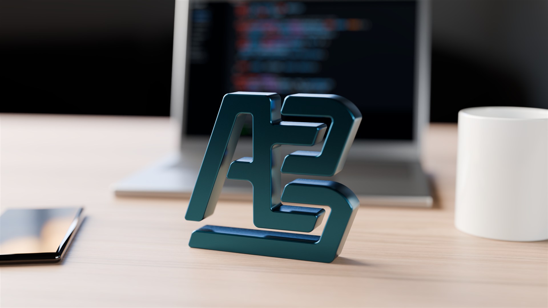 Escritorio con una notebook mostrando código y el logo de AB Dev